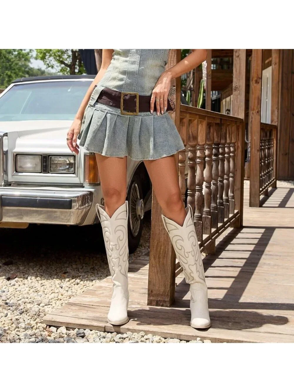 Women's beige Western Knee High Cowgirl Boots Zipper Convenience Casual Wear
